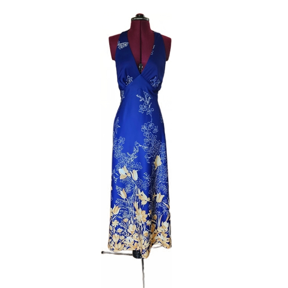 Nani Of Hawaii Vintage Elegant Blue and Cream Floral Maxi Halter Dress